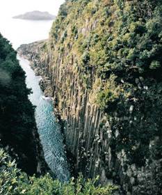 高さ７０メートルの柱状岩の絶壁がそそり立つ馬ケ背＝いずれも宮崎県日向市で
