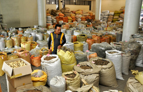 韓国各地から１００種類を超える韓方薬材が集まる韓方薬材卸売市場＝大邱市で