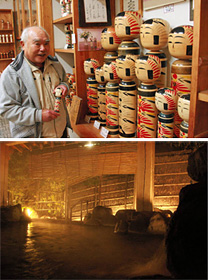 （上）大小の作品が並ぶ秋保の伝統工芸品のこけし（下）日本三御湯と称される秋保温泉。写真は旅館岩沼屋の露天風呂＝いずれも仙台市太白区で