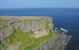 基盤岩の上にサンゴが堆積してできた田皆岬。崖の端まで歩み寄ることができる＝鹿児島県知名町で