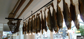 いっちゃん／北海道札幌市　「鮭」　商店街のお店に入ったら、ずらっと鮭がぶら下がって、ビックリ。
