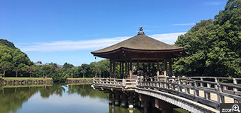 フリューゲル／愛知県名古屋市　「青空と浮見堂」　夏休み最終日に見た青空。　夏休み最終日、奈良へ遊びに行きました。夏休み中見ることができなかった真っ青な空、池の中に浮かぶ浮身堂。青空が際立つように配色を気にしながら撮りました。