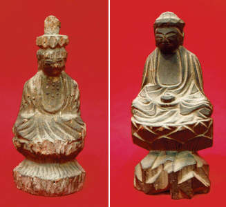 （右）丁寧に彫られた薬師如来像（左）県内で初めて見つかった座像の「十一面観音菩薩像」＝いずれも一宮市大和町妙興寺の市博物館で