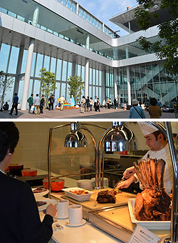 （上）光と風を感じる展望台ハルカス３００　（下）レストラン「ＣＯＯＫＡ」のビュッフェ＝いずれも大阪市阿倍野区で