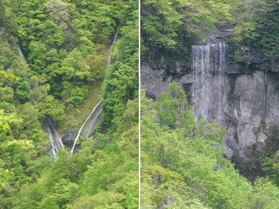 落差の大きい山犀滝（右）と、Ｖ字のように見える五郎七滝（左）＝高山市上宝町で