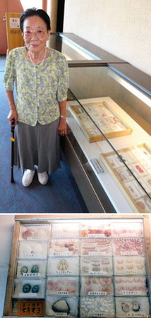 （上）７０年かけ貝殻を収集した宮島愛子さん（下）宮島さんの標本の一部＝いずれも射水市新湊博物館で