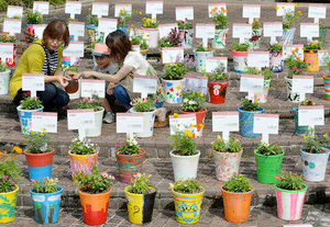 さまざまなデザインの植木鉢が展示される会場＝甲賀市信楽町で