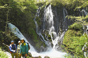 ガイドツアーが始まり、新緑や滝を楽しむ入山者＝高山市の乗鞍山麓五色ケ原の森で