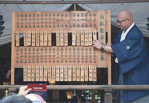 神社に練り入れる順に町名の木札が掛けられていく表＝桑名市本町の春日神社で