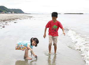 波打ち際で遊ぶ子どもたち＝南知多町山海で