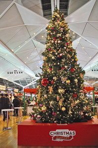 高さ６メートルのツリーも登場したクリスマスマーケット＝中部国際空港で