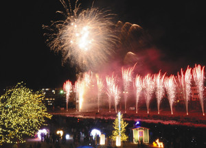 イルミネーションを前に、音楽に合わせて打ち上げられる花火＝下呂市の飛騨川河川敷で