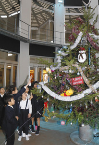 高さ４メートルのクリスマスツリーに歓声を上げる児童たち＝穴水町さわやか交流館プルートで