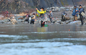 胴長を着用し水につかり渓流釣りを楽しむ人たち＝浜松市天竜区龍山町で