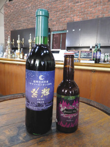 ヤマソービニオンを使った紫輝（左）とヤマソーホップ＝宮田村の南信州ビール駒ケ岳醸造所で