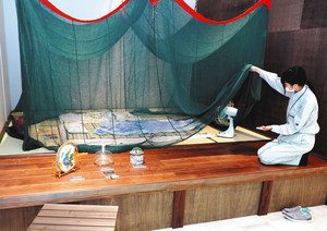 大工がこしらえた縁側と蚊帳をつった和室＝能美市寺井町で
