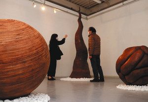 木材を球体や枝のような形に加工した柴山さんの作品＝いずれも池田町草深の極小美術館で