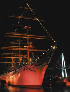 オレンジ色にライトアップされた帆船海王丸＝射水市の海王丸パークで