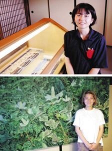 日本画を展示している中辻さん（上）と　油絵を展示している山田さん（下）＝米原市醒井の醒井宿資料館で