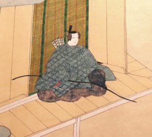 業平がモデルとされる伊勢物語の主人公。江戸時代中期に描かれた絵巻物の中では、ひし形の柄で水色の着物をまとっている