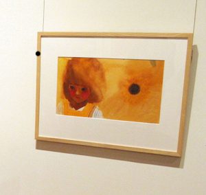 絵本「まちんと」の原画作品。女の子とヒマワリの花が描かれ、原爆投下が暑い夏の晴れた日であることが伝わってくるという＝いずれも松川村の安曇野ちひろ美術館で