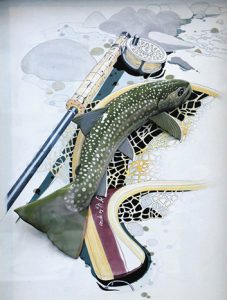 秋田県の生保内川で友人が釣り上げた３２センチのイワナを再現した木彫クラフト＝いずれも近江八幡市多賀町のかわらミュージアムで