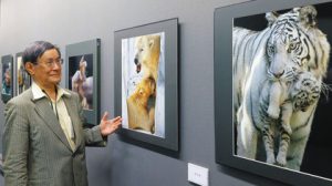 表情豊かな動物親子を写した作品を紹介する後藤さん＝名古屋市中区栄で
