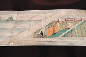 絵巻に描かれた、紫式部が源氏物語を着想したとされる場面＝いずれも大津市の石山寺で