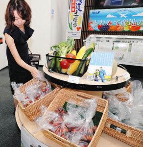 北海道から空輸した朝採れ野菜が並ぶ土曜市＝富山空港で