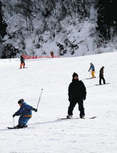スキーやスノーボードを楽しむ来場者ら＝小松市の大倉岳高原スキー場で