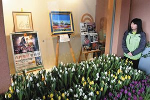 八代亜紀さんの作品やサイン、写真などが飾られている会場＝砺波市中村のチューリップ四季彩館で