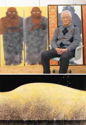 （上）１９日から金沢２１世紀美術館で個展を開く岩田さん＝羽咋市で（下）個展で展示される代表作の１つ「礼文」