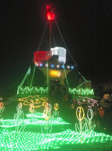 電飾で闇夜に浮かび上がったチューリップタワー＝砺波市花園町で
